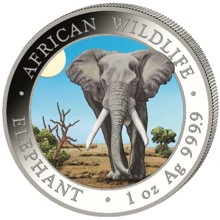 African Wildlife: Słoń Somalijski "Day" kolorowany 1 uncja Srebra 2025