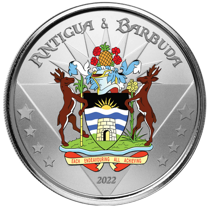 Antigua & Barbuda: Coat of Arms kolorowany 1 uncja Srebra 2022 Proof