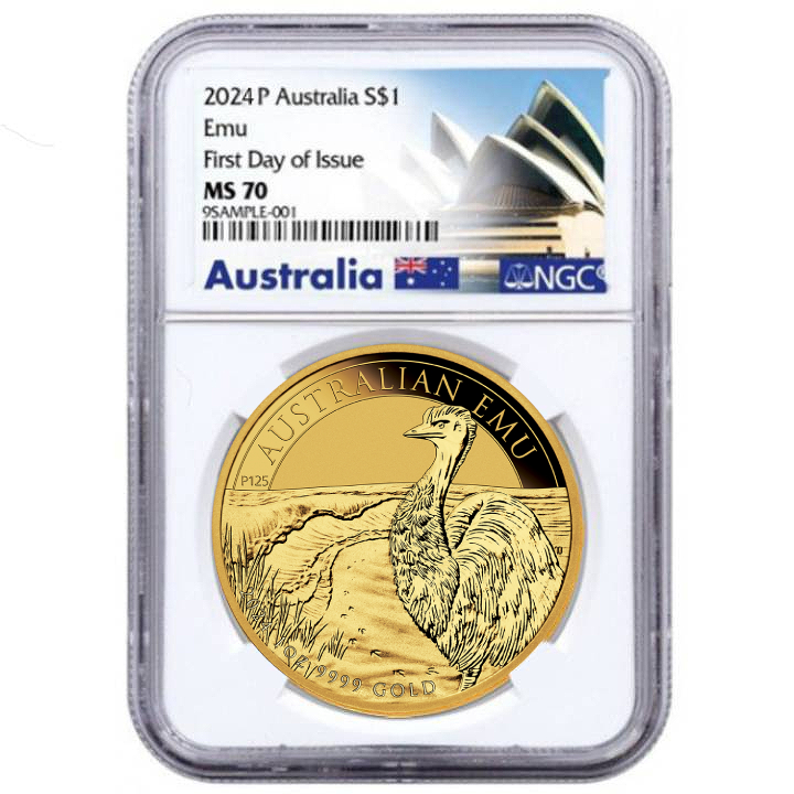 Australijski Emu 1 uncja Złota 2024 MS 70 NGC First Day of Issue