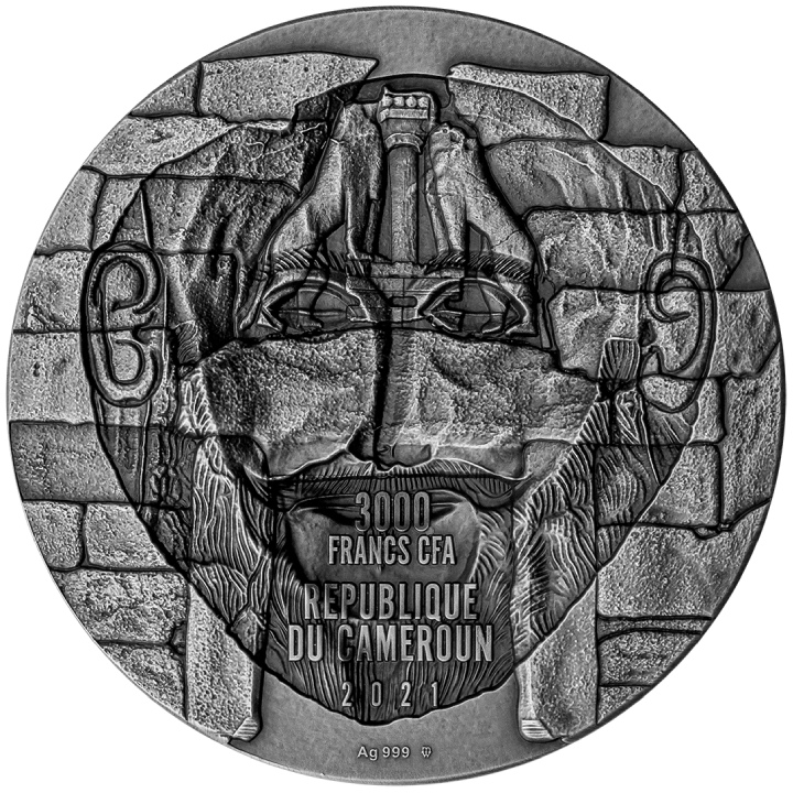 Cameroon: Maska Agamemnona pozłacana 2021 High Relief Antiqued Coin