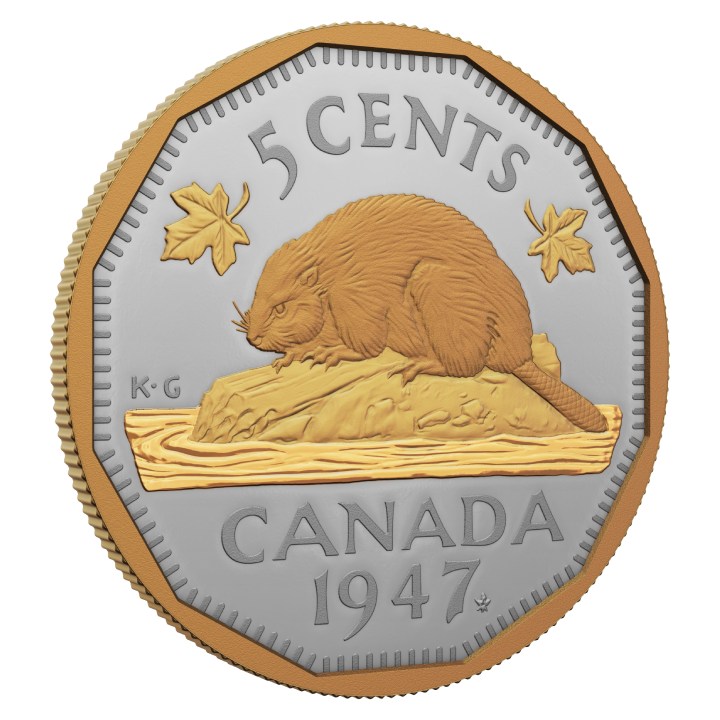 Canada: 1947 Maple Leaf Mark 5-Cent pozłacany Srebro 2023 Proof 