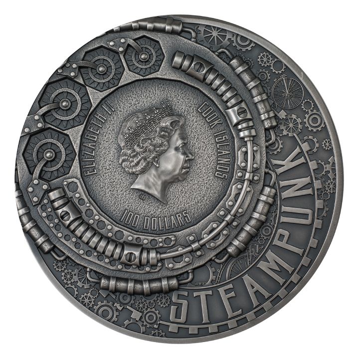 Cook Islands: Steampunk – Jet Pack pozłacany 1000 gramów Srebra 2023 Ultra High Relief Antiqued Coin