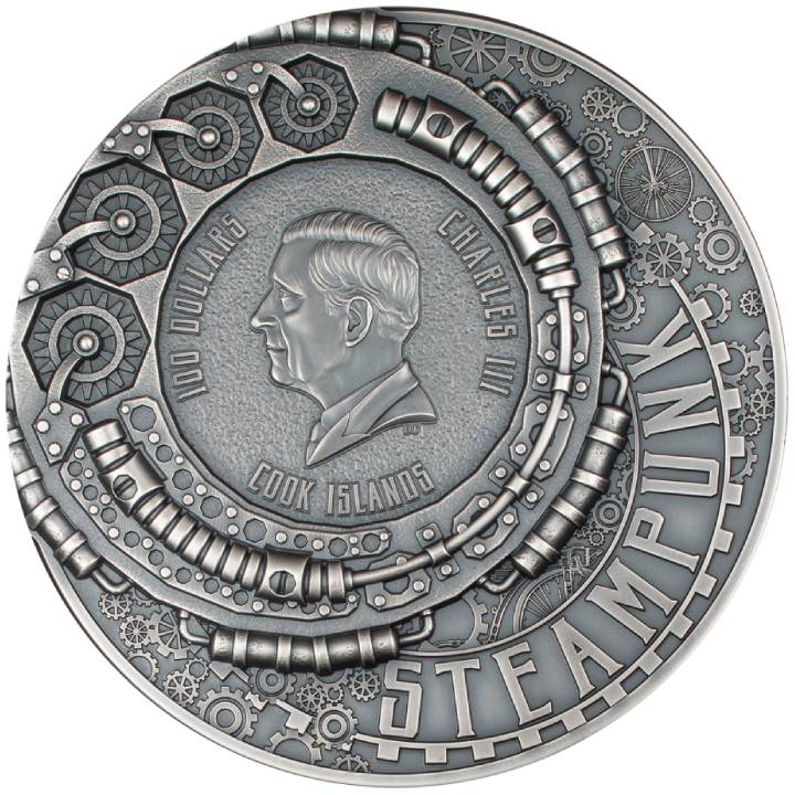 Cook Islands: Steampunk - Nautilus pozłacany 1000 gramów Srebra 2024 Ultra High Relief Antiqued Coin