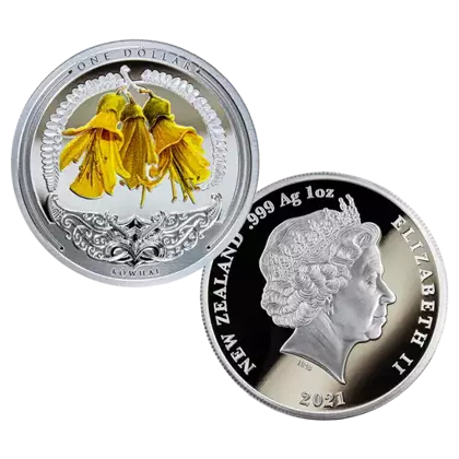 Discover New Zealand: Kowhai kolorowana 1 uncja Srebra 2021 Proof