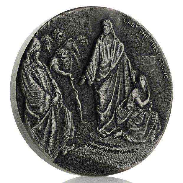 Niue: Biblical - Cast the First Stone 2 uncje Srebra 2019 Proof Antiqued Coin 