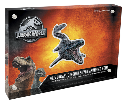 Niue: Jurassic World - Mosasaurus kolorowany 2 uncje Srebra 2022 Antiqued Coin