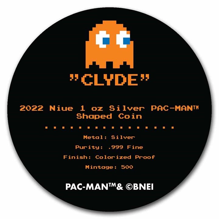 Niue: PAC-MAN GHOST "CLYDE" kolorowany 1 uncja Srebra 2022 Proof Shaped Coin