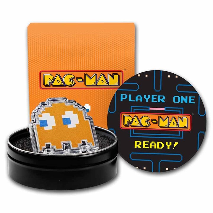 Niue: PAC-MAN GHOST "CLYDE" kolorowany 1 uncja Srebra 2022 Proof Shaped Coin