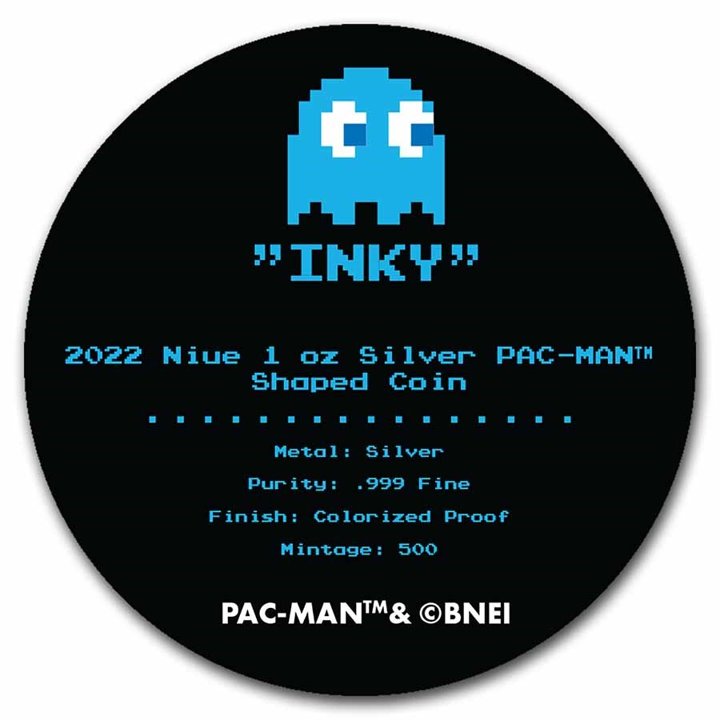 Niue: PAC-MAN GHOST "INKY" kolorowany 1 uncja Srebra 2022 Proof Shaped Coin