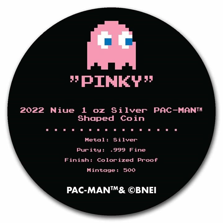 Niue: PAC-MAN GHOST "PINKY" kolorowany 1 uncja Srebra 2022 Proof Shaped Coin