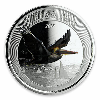 St. Kitts & Nevis: Brown Pelican kolorowany 1 uncja Srebra 2018 Proof