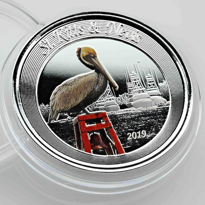 St. Kitts & Nevis: Brown Pelican kolorowany 1 uncja Srebra 2019 Proof