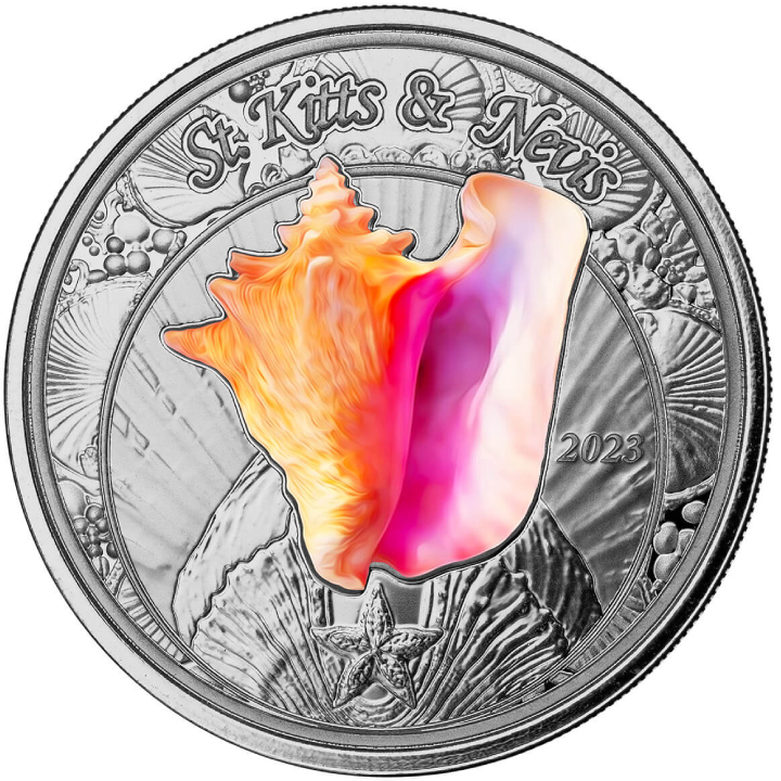 St. Kitts & Nevis: Conch Shell kolorowany 1 uncja Srebra 2023 Proof