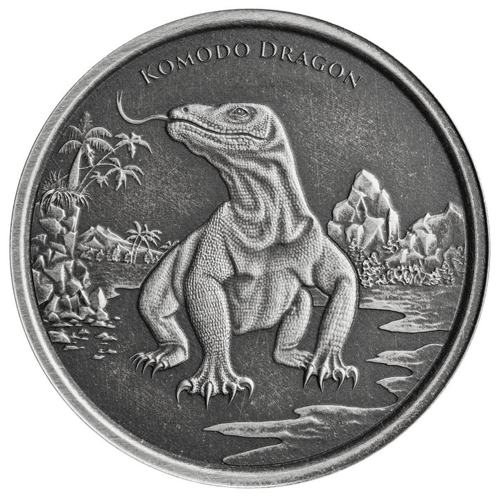 Tokelau: Komodo Dragon 1 uncja Srebra 2022 Antiqued Coin 