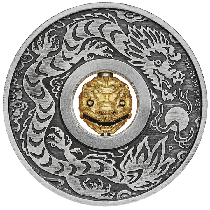 Tuvalu: Lunar III - Rok Smoka 1 uncja Srebra 2024 Rotating Charm Antiqued Coin