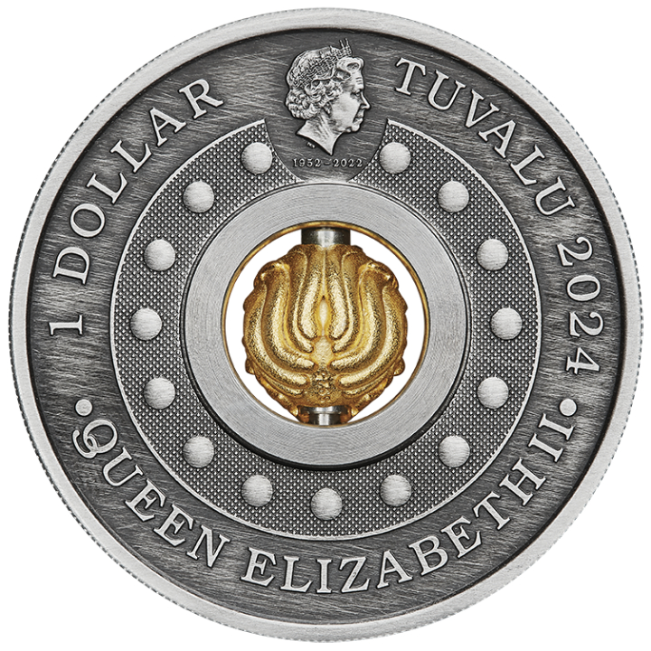 Tuvalu: Lunar III - Rok Smoka 1 uncja Srebra 2024 Rotating Charm Antiqued Coin