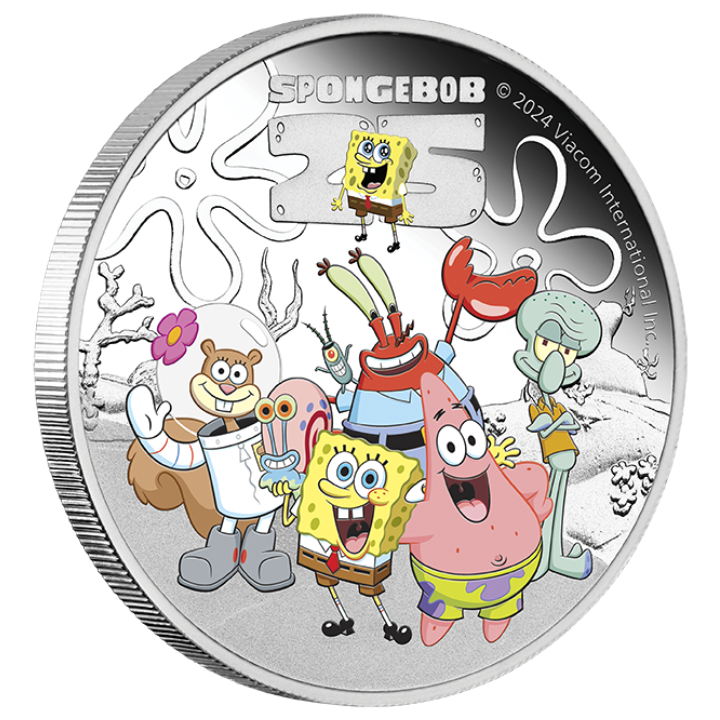 Tuvalu: SpongeBob & Friends kolorowany 1 uncja Srebra 2024 Proof