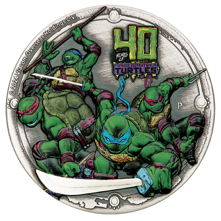 Tuvalu: Teenage Mutant Ninja Turtles - 40. rocznica kolorowany 2 uncje Srebra 2024 High Relief Antiqued Coin