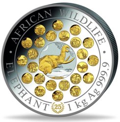 African Wildlife: Słoń Somalijski 25. rocznica pozłacany 1000 gramów Srebra 2023 Proof