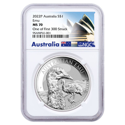 Australijski Emu 1 uncja Srebra 2022 MS 70 NGC First Day of Issue