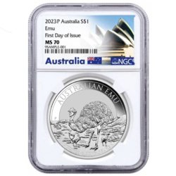 Australijski Emu 1 uncja Srebra 2023 MS 70 NGC First Day of Issue