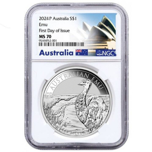 Australijski Emu 1 uncja Srebra 2024 MS 70 NGC First Day of Issue