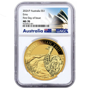 Australijski Emu 1 uncja Złota 2024 MS 70 NGC First Day of Issue