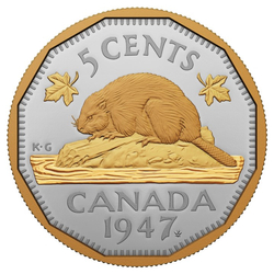 Canada: 1947 Maple Leaf Mark 5-Cent pozłacany Srebro 2023 Proof 