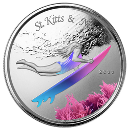 St. Kitts & Nevis: Underwater Surfer kolorowany 1 uncja Srebra 2022 Proof