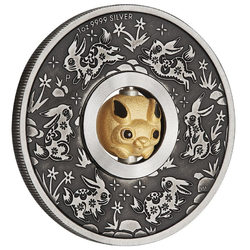 Tuvalu: Lunar III - Rok Królika 1 uncja Srebra 2023 Rotating Charm Antiqued Coin