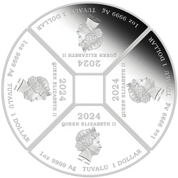 Zestaw 4 monet Tuvalu: Rok Smoka Quadrant kolorowany 4 x 1 uncja Srebra 2024 Proof