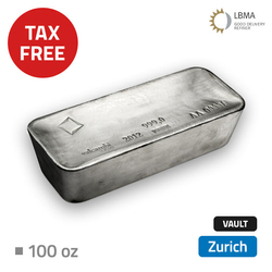 100 oz Plata de inversión LBMA almacenada libre de impuestos en Zurich (Loomis)