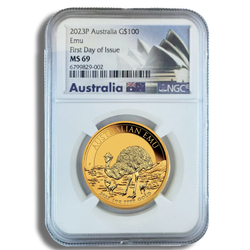 Australijski Emu 1 uncja Złota 2023 MS 69 NGC First Day of Issue (002)