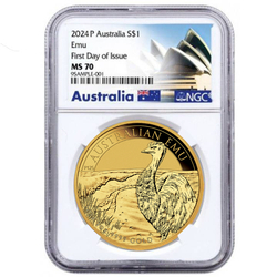 Australijski Emu 1 uncja Złota 2024 MS 70 NGC First Day of Issue