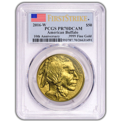 Bisonte Americano 10º Aniversario 1 oz Oro 2016-W PCGS PR70 DCAM First Strike