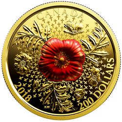 Canada: Armistice Poppy kolorowany 1 uncja Złota 2018 Reverse Proof 