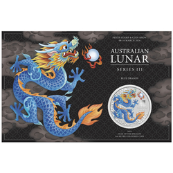 Casa de la Moneda de Perth: Lunar III - Año del Dragón 'Dragón Azul' coloreado 1 oz Plata 2024 (Perth Stamp and Coin Show Special)