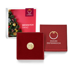 Filarmónica de Viena 1/10 oz Oro 2025 en caja decorativa de ceca + caja Feliz Navidad