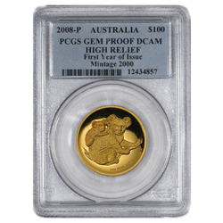 Koala 1 oz Oro 2008-P Prueba Alto Relieve PCGS GEM DCAM Primer Año de Emisión