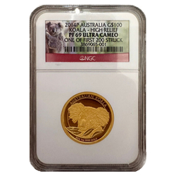 Koala 1 oz Oro 2014 Prueba Alto Relieve NGC PF69 Ultra Cameo Una Primera de 200 Tiradas