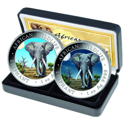 Lote de 2 monedas de la fauna africana: Elefante somalí "Día y noche" coloreado 2 x 1 oz Plata 2025