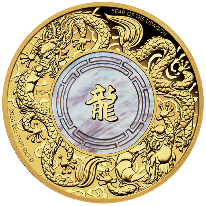  Double Dragon with Mother of Pearl 2 uncje Złota 2024 Proof 