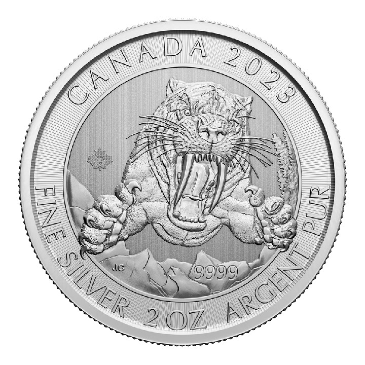 Canadá: Ice Age - Smilodon Gato Dientes de Sable 2 oz Plata 2023