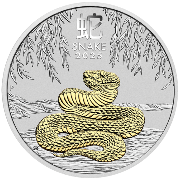 Casa de la Moneda de Perth: Lunar III - Año de la Serpiente 1 oz Plata 2025 Dorada (en estuche de presentación)