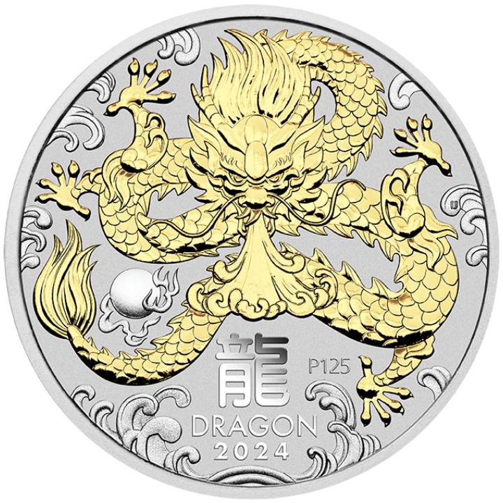 Casa de la Moneda de Perth: Lunar III - Año del Dragón bañado en oro 1 oz Plata 2024 (sin estuche)