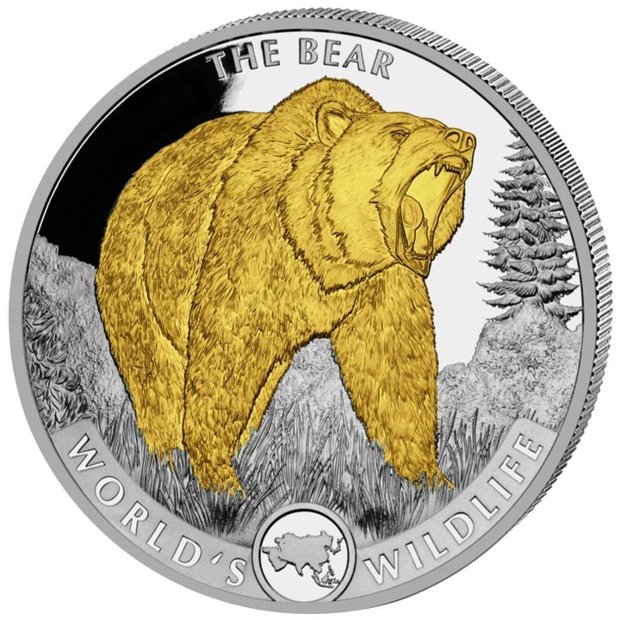 Congo: World's Wildlife - El Oso bañado en oro 1 oz Plata 2022