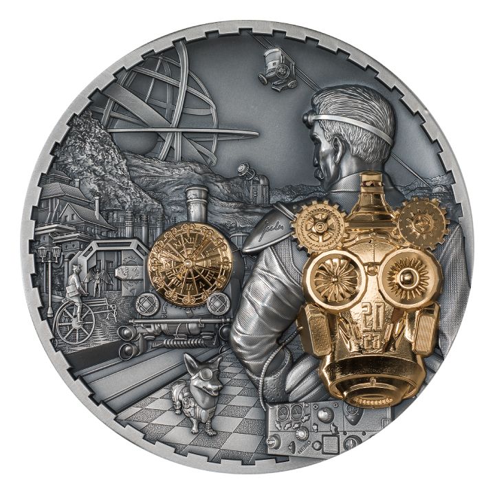 Islas Cook: Steampunk - Jet Pack bañado en oro 1000 gramos Plata 2023 Ultra Alto Relieve Antiqued Coin