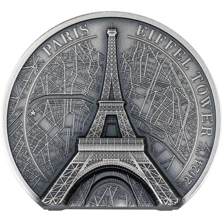 Islas Cook: Torre Eiffel 2 oz Plata 2024 Ultra Alto Relieve Antiqued Coin