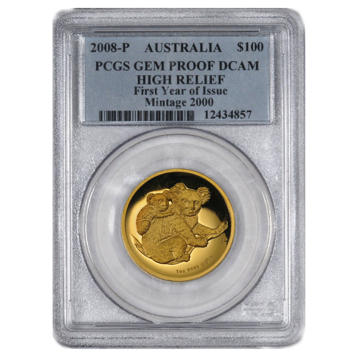 Koala 1 oz Oro 2008-P Prueba Alto Relieve PCGS GEM DCAM Primer Año de Emisión