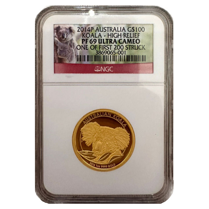 Koala 1 oz Oro 2014 Prueba Alto Relieve NGC PF69 Ultra Cameo Una Primera de 200 Tiradas